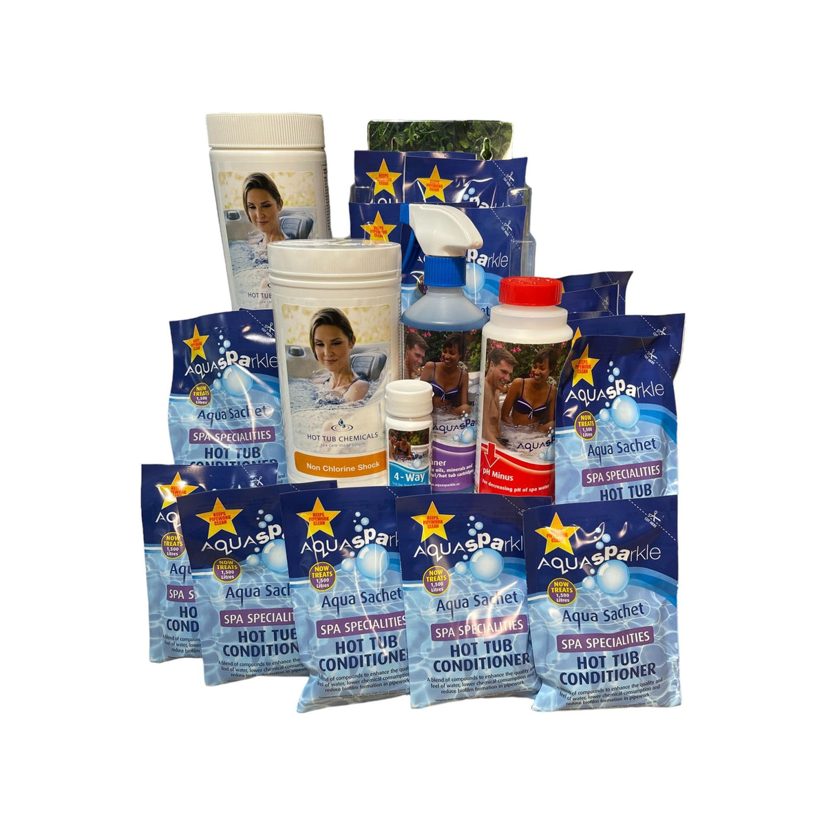Image alComprehensive Bromine Granules Spa Care Kit for easy and convenient spa maintenance. The kit, available in a 3-month subscription bundle, includes 1kg Bromine Granules, 13 Hot Tub Conditioning Sachets, 1kg Non-Chlorine Shock, 500ml Instant Filter Cleaner Spray, Test Strips (50), and 750g pH Minus. The bundle ensures a pristine and balanced hot tub with essential products for water sanitation, pH management, filter cleaning, and water conditioning. Enjoy hassle-free spa care with regular deli